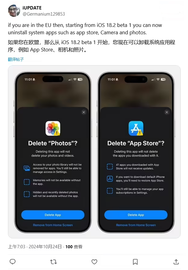 竹根滩镇苹果手机维修分享iOS 18.2 支持删除 App Store 应用商店 