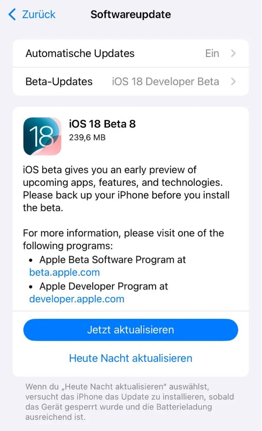 竹根滩镇苹果手机维修分享苹果 iOS / iPadOS 18 开发者预览版 Beta 8 发布 